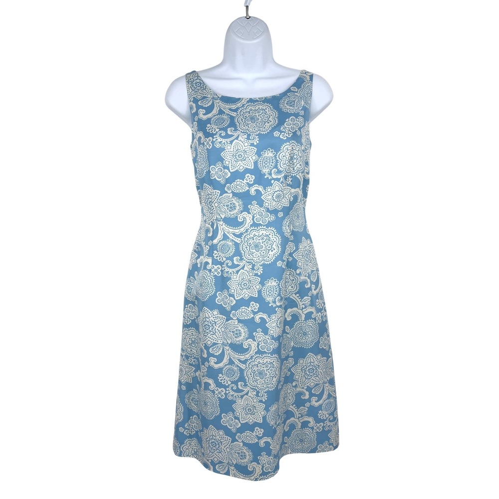 Vintage 90s Ann Taylor Blue White Silk Paisley Floral Sheath Dress Size 2